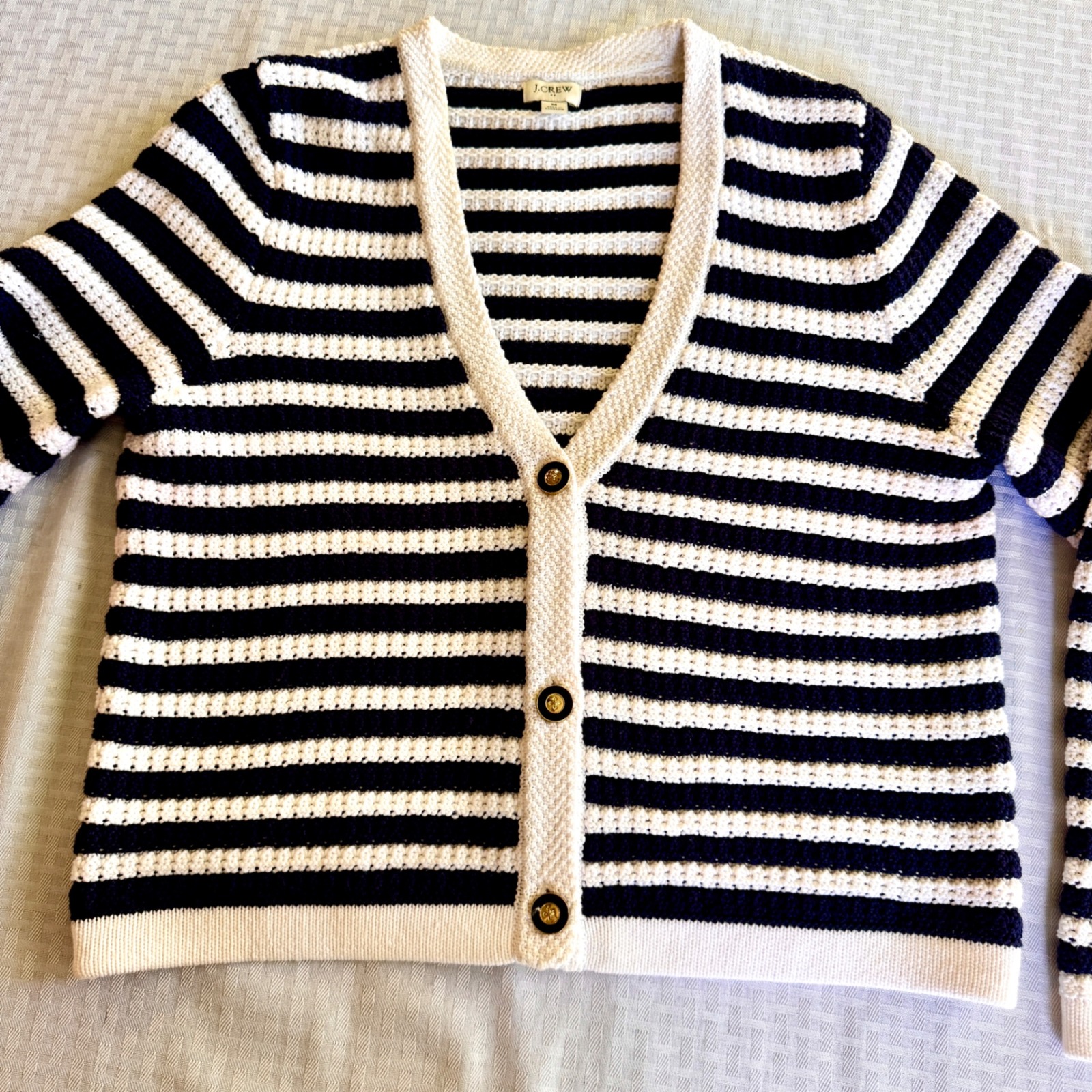 J.Crew Striped V-Neck Cardigan Sweater Navy White Gold Buttons Medium